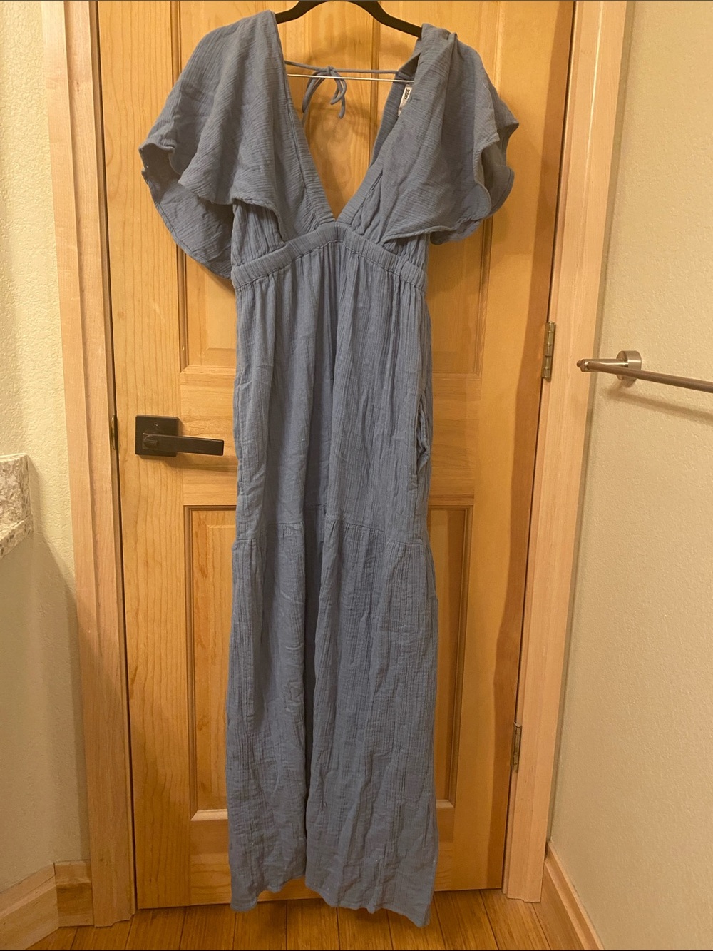V-Neck Slate Blue Maxi Dress with Flutter Sleeves